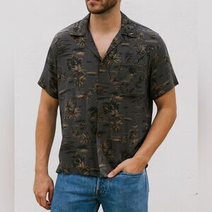 Vintage Two Palms Black and Gold Palmtree Hawaiian Camp Shirt,‎ M
